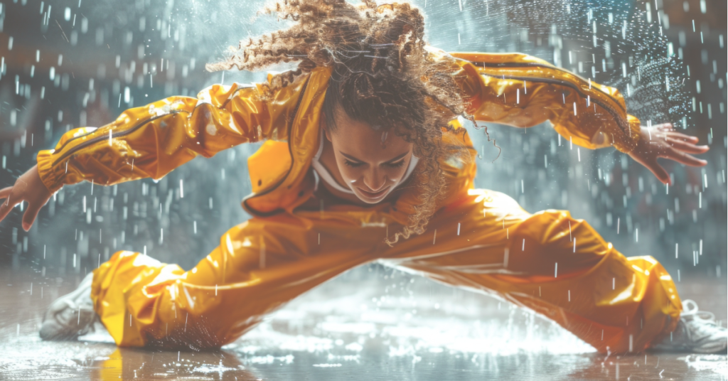 Younger woman break dancing in the rain